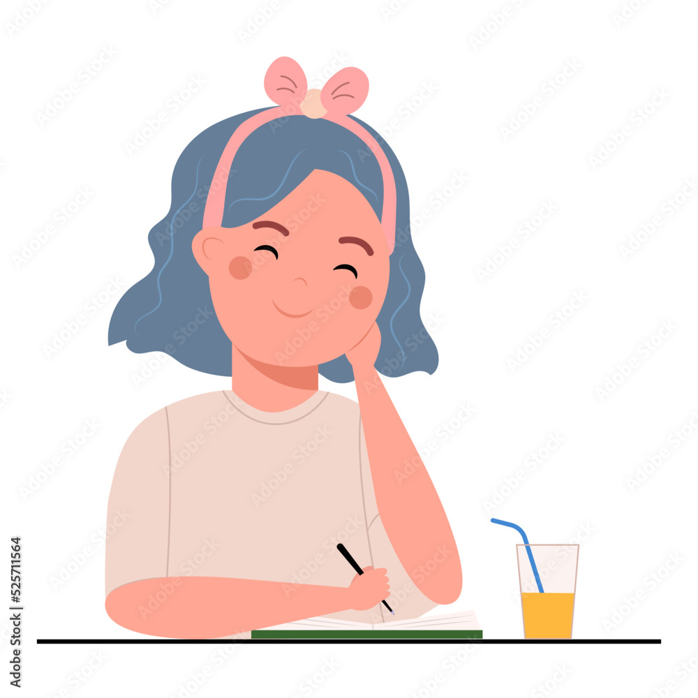 Cute young girl or student studying writing notes, kid doing homework or sitting on boring school lesson vector illustration. Children workplace for study. Cute young girl or student studying writing notes, kid doing homework or sitting on boring school lesson vector illustration. Children workplace for study.