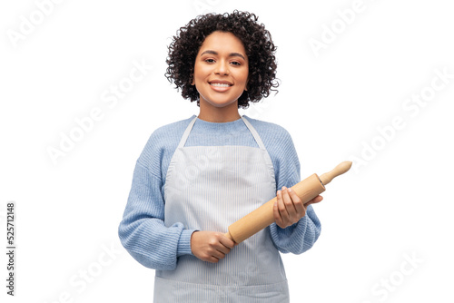 cooking, culinary and people concept - happy smiling woman in apron or baker with rolling pin over white background