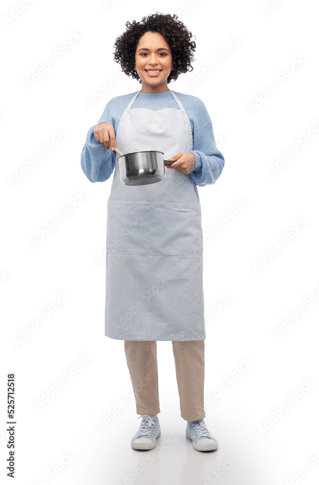 culinary and people concept - happy smiling woman in apron with saucepan cooking food over white background culinary and people concept - happy smiling woman in apron with saucepan cooking food over white background