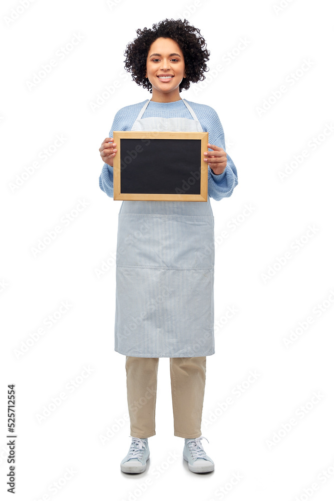 cooking, culinary and people concept - happy smiling woman in apron holding black chalkboard over white background cooking, culinary and people concept - happy smiling woman in apron holding black chalkboard over white background