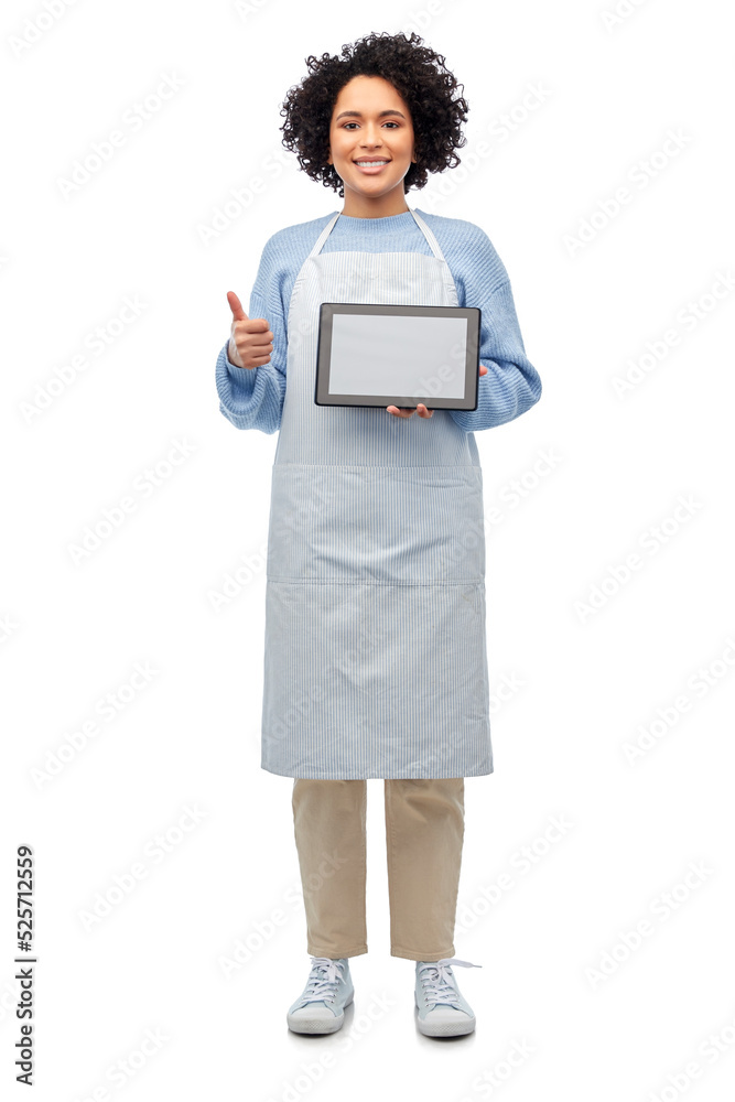 cooking, culinary and people concept - happy smiling woman in apron with tablet pc computer showing thumbs up over white background cooking, culinary and people concept - happy smiling woman in apron with tablet pc computer showing thumbs up over white background