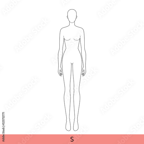 S Size Women Fashion template 9 nine head Croquis Lady model skinny body figure front, side, 3-4, back view. Vector isolated sketch outline girl for Fashion Design, Illustration, technical drawing
