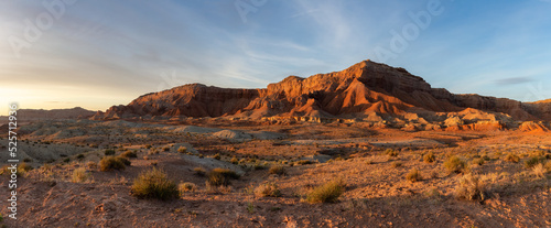 Red Rock Formations in Desert at Colorful Sunrise. Spring Season. Goblin Valley State Park. Utah, United States. Nature Background Panorama.