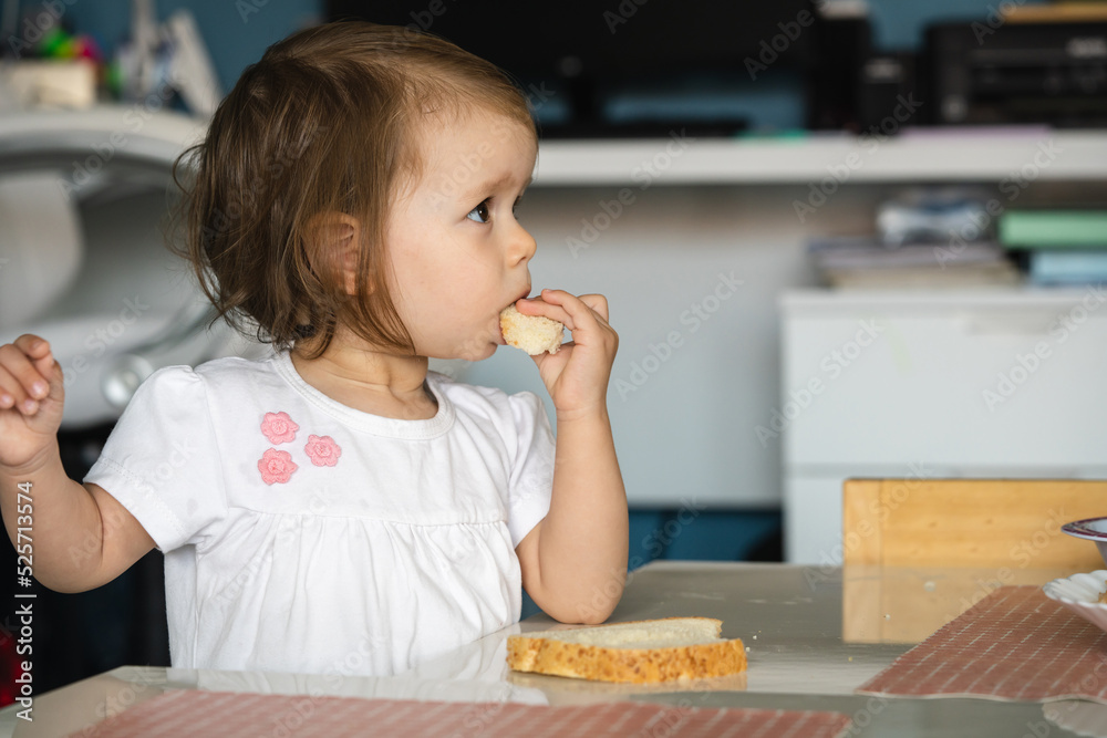 One girl small caucasian toddler child eat bread at home copy space