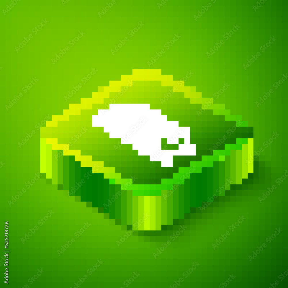 Obraz premium Isometric Fish with sliced pieces with knife icon isolated on green background. Green square button. Vector