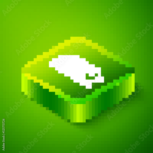 Isometric Fish with sliced pieces with knife icon isolated on green background. Green square button. Vector