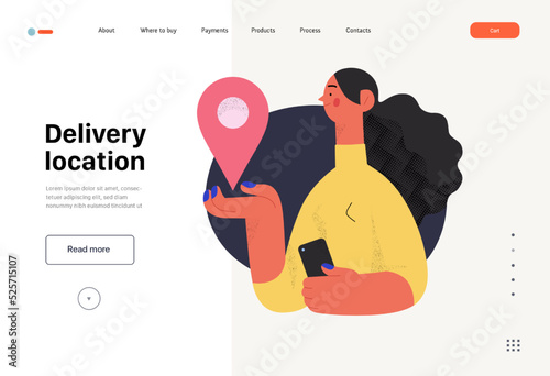 Delivery location -Online shopping and electronic commerce web template -modern flat vector concept illustration of young woman with location mark. Promotion, discounts, sale and online orders concept