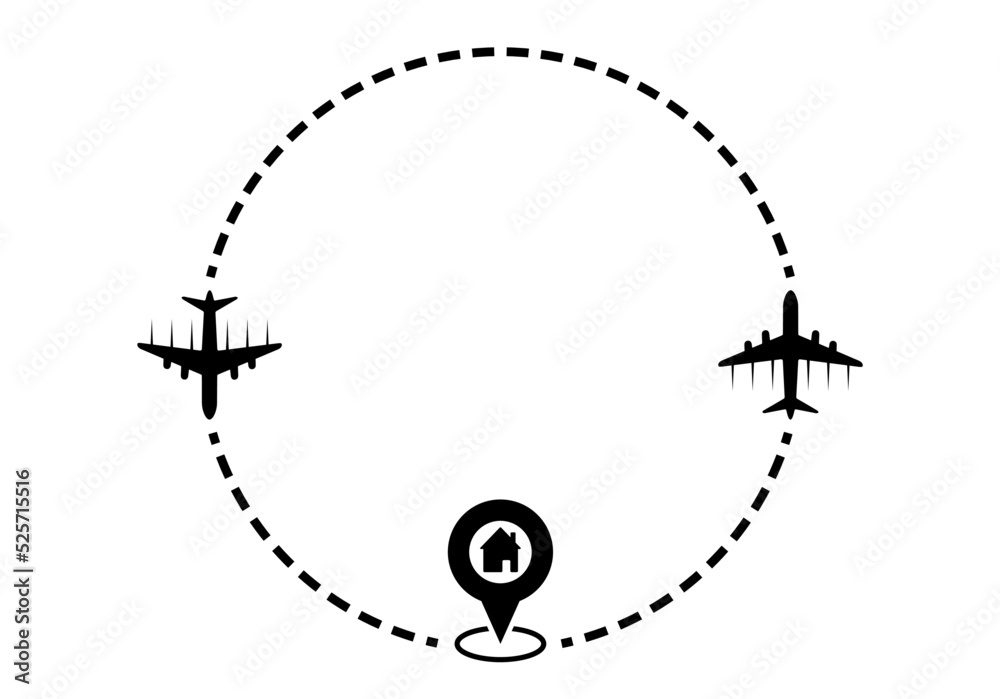 Flight plane with round line route, pointer house destination vector. Travel, transport concept illustration to use in tourism, summer holiday, business travel, holiday planning design projects.
Flight plane with round line route, pointer house destination vector. Travel, transport concept illustration to use in tourism, summer holiday, business travel, holiday planning design projects.