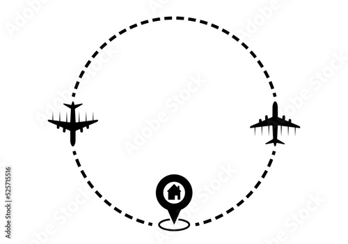 Flight plane with round line route, pointer house destination vector. Travel, transport concept illustration to use in tourism, summer holiday, business travel, holiday planning design projects.

