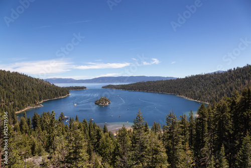 View of Large Bay and Lake with Boats, Small Island, Trees and Mountains. Summer Season. Emerald Bay, Lake Tahoe. California, United States. Nature Background.