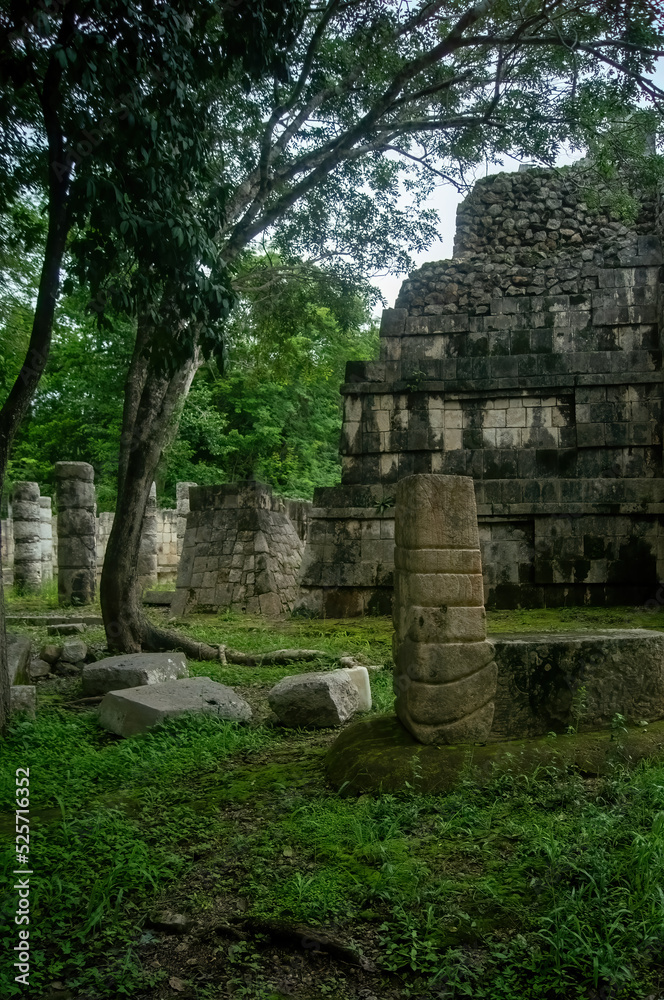 mayan pyramids in mexico, stone construction, surrounded by vegetation, deep jungle