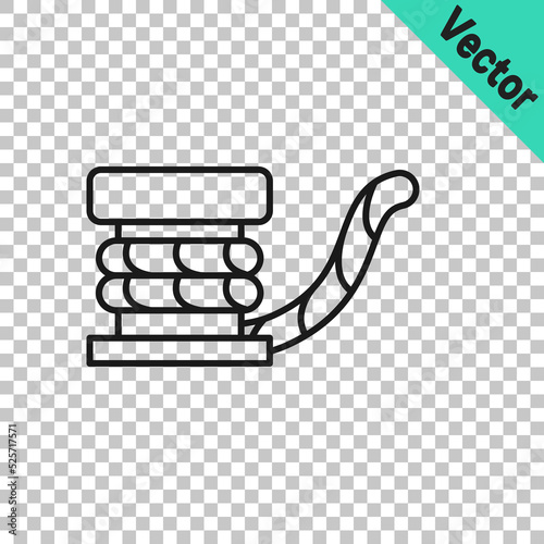 Black line Marine bollard with rope tied on pier icon isolated on transparent background. Vector