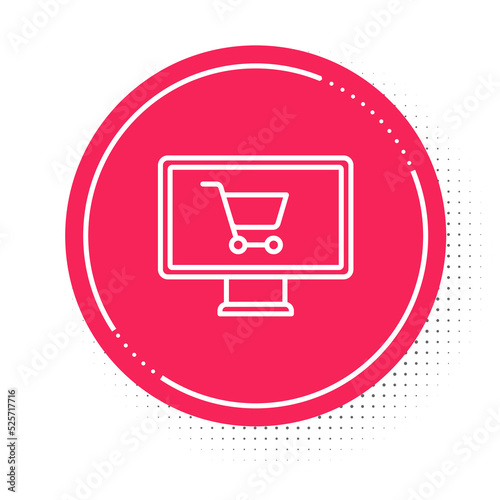 White line Shopping cart on monitor icon isolated on white background. Concept e-commerce, e-business, online business marketing. Red circle button. Vector