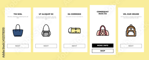 bag handbag woman purse fashion onboarding icons set vector