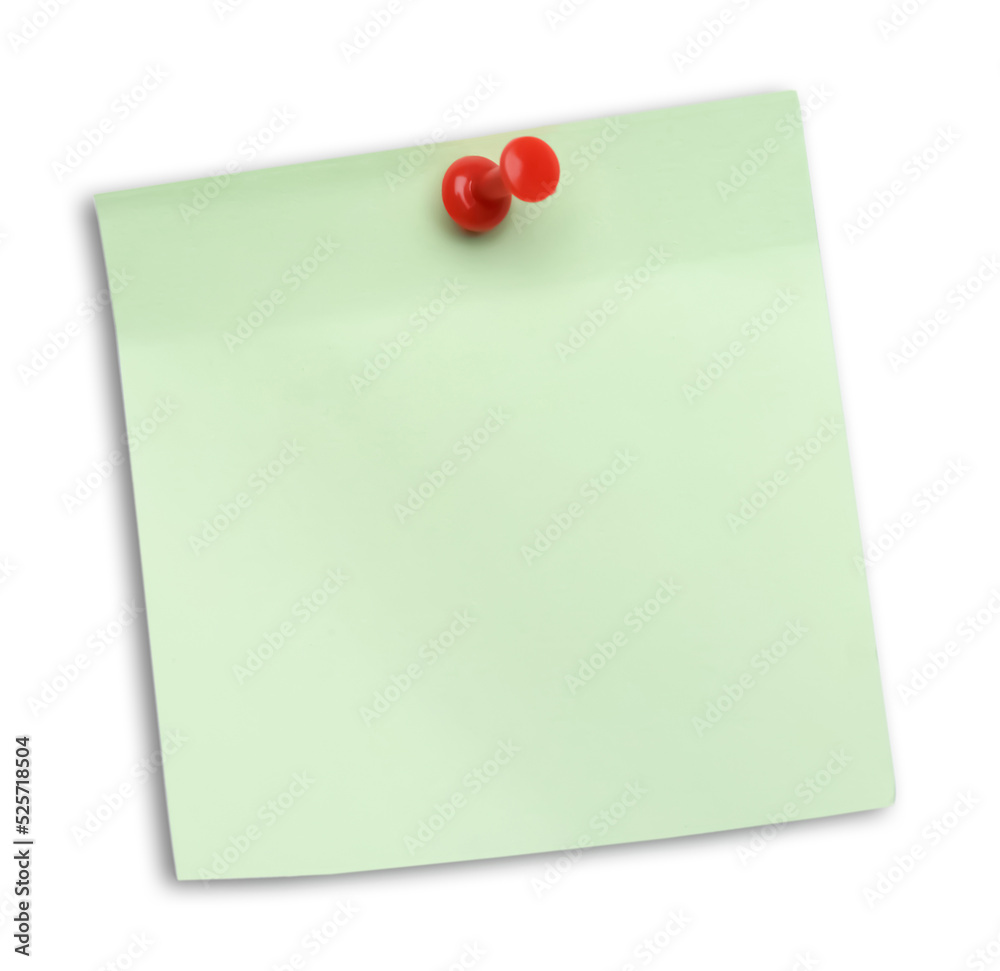 Blank light green note pinned on white background, top view Blank light green note pinned on white background, top view