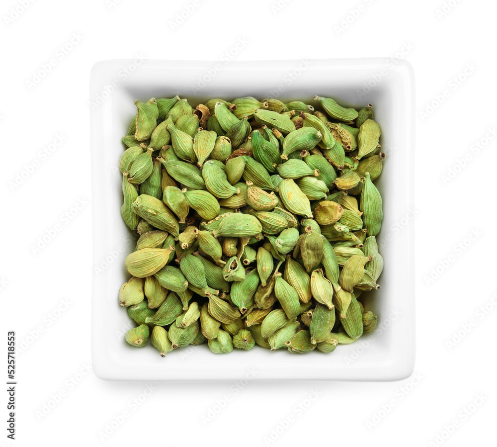 Dry cardamom pods in bowl isolated on white, top view Dry cardamom pods in bowl isolated on white, top view