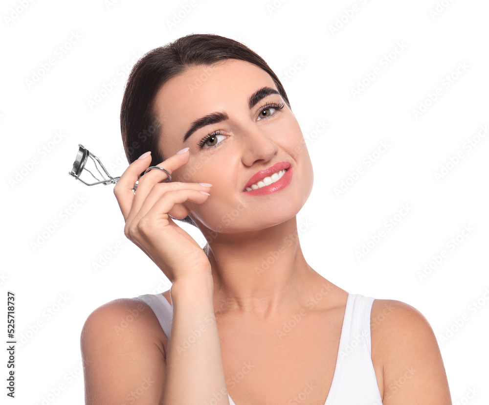 Woman with eyelash curler on white background Woman with eyelash curler on white background
