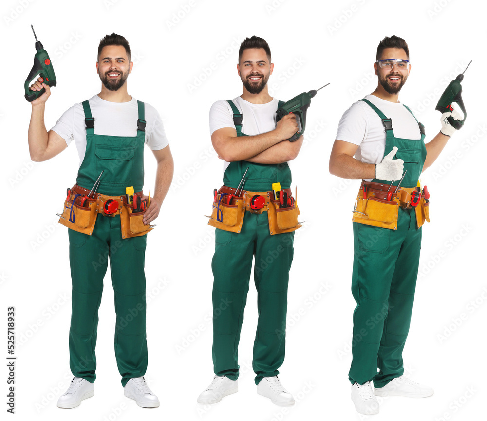 Collage with photos of young worker in uniform with power drill on white background Collage with photos of young worker in uniform with power drill on white background