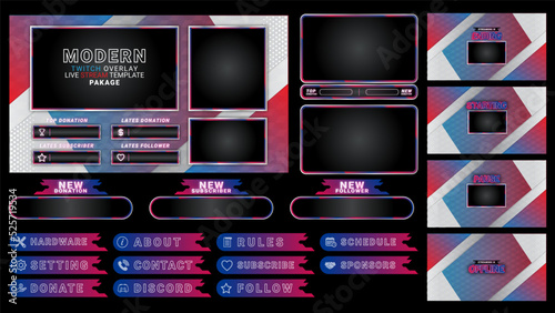 twitch Stream Facecam OBS Template white red blue overlay design Pack . modern template illustration vector