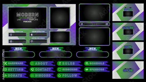 twitch Stream Facecam OBS Template green Purple overlay design Pack . modern template illustration vector © HeroSy