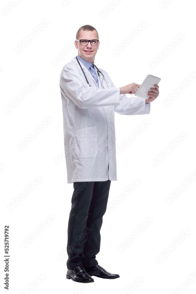 Confident doctor using digital tablet. Isolated on white background Confident doctor using digital tablet. Isolated on white background