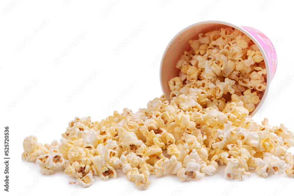 Popcorn in striped bucket isolated on white background Popcorn in striped bucket isolated on white background