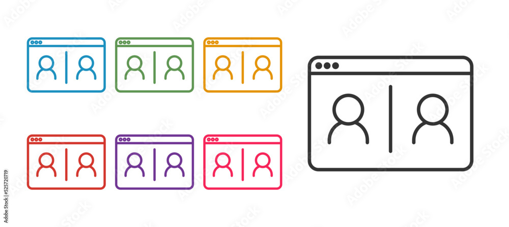 Set line Video chat conference icon isolated on white background. Online meeting work form home. Remote project management. Set icons colorful. Vector