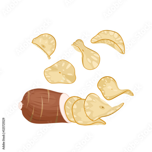 Vector illustration, cassava chips, snacks isolated on white background.