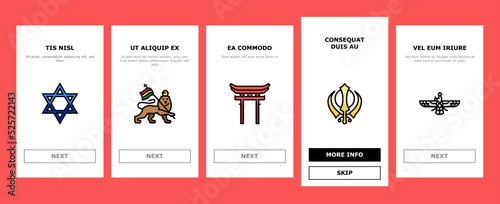 Religion, Prayer Cult And Atheism onboarding icons set vector
