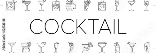 cocktail glass drink alcohol bar icons set vector