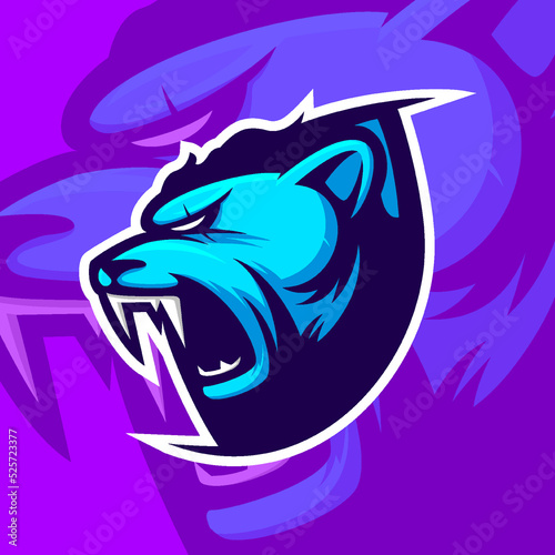 Angry bear esport baseball team mascot emblem logo. Blue haired bear gaming mascot illustration.