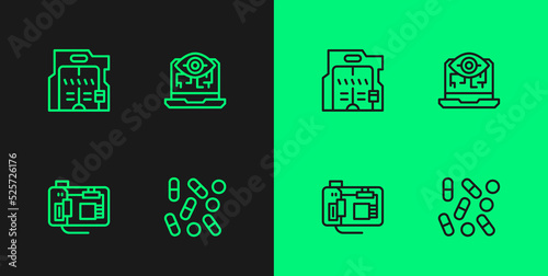 Set line Medical pill biohacking, Motherboard, Futuristic sliding doors and Computer vision icon. Vector