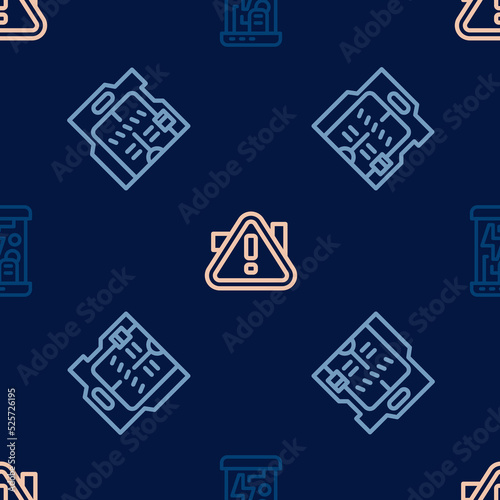 Set line Cryogenic capsules, Futuristic sliding doors and Exclamation mark triangle on seamless pattern. Vector