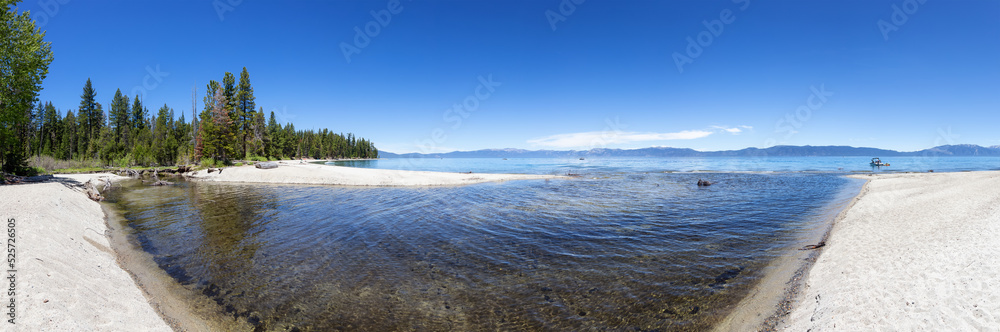 Panoramic View of Beach with Sand at Lake surrounded by Mountains and Trees. Sugar Pine Point Beach, Tahoma, California, United States. Sugar Pine Point State Park. Nature Background. Panorama