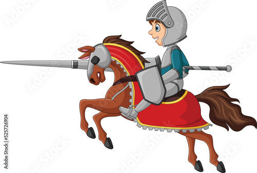 Cartoon knight on horseback with lance and shield