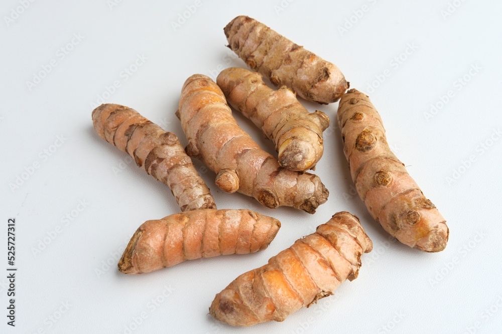 Turmeric, Curcuma (Curcuma longa ), rhizome isolated on white background. Herbs with many health benefits.
Turmeric, Curcuma (Curcuma longa ), rhizome isolated on white background. Herbs with many health benefits.