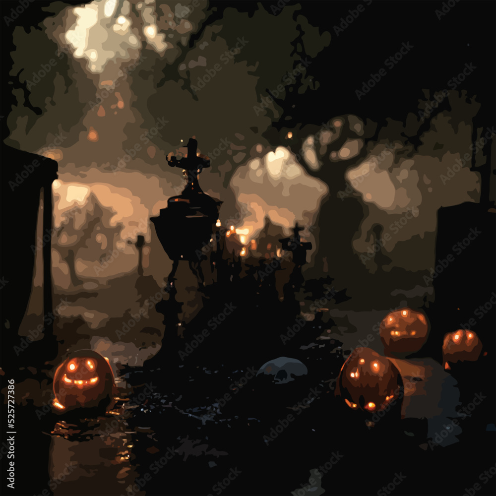 Pumpkins in the Graveyard on Ghost Night Halloween Background. Cemetery cemetery in scary ghosts, dark night, full moon bats on trees.