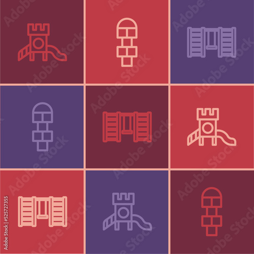 Set line Slide playground, Swedish wall and Hopscotch icon. Vector