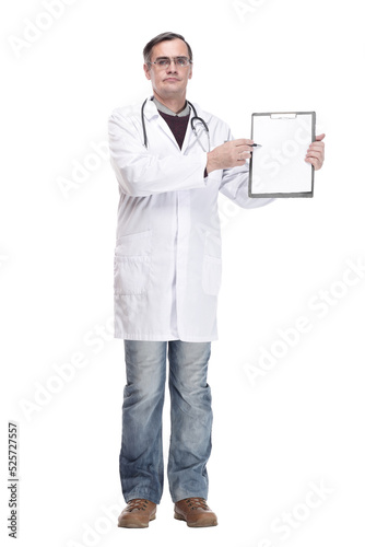 full-length. qualified doctor with clipboard. isolated on a white