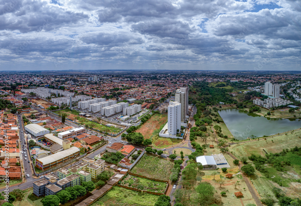 Uberaba, Minas Gerais Brazil, August 24, 2022: aerial view of Parque das Acacias, a water reservoir that solved the floods in the city
