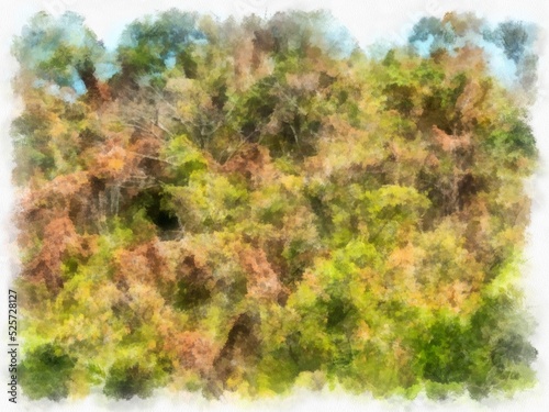 grassland landscape watercolor style illustration impressionist painting.