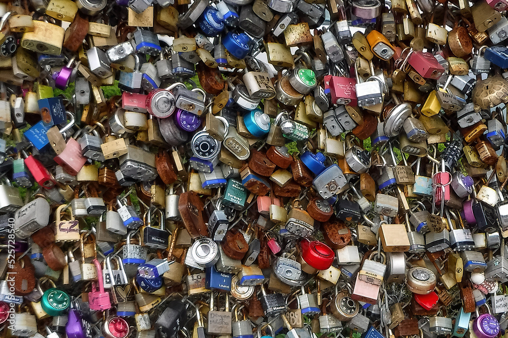 Pile of padlocks on a fence