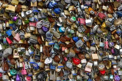 Pile of padlocks on a fence