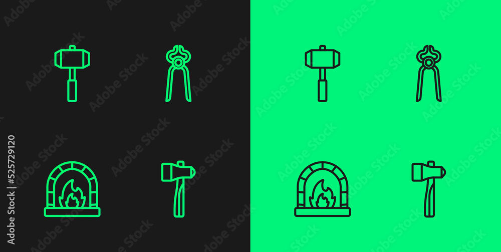 Set line Hammer, Blacksmith oven, Sledgehammer and pliers tool icon. Vector