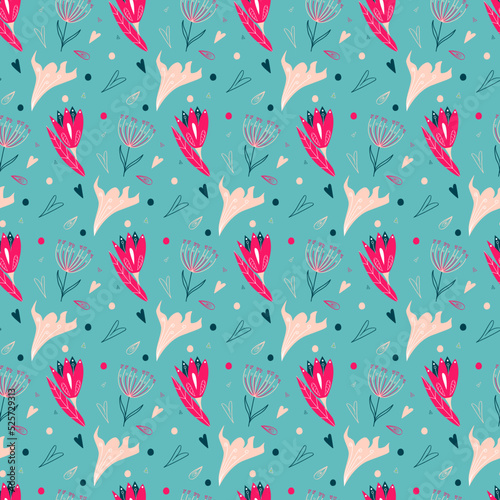 Hand drawn vector seamless floral folk pattern of buds and foliages in pink colors on blue pastel background. 