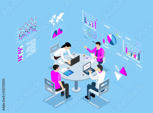 3D isometric Teamwork Creative solutions concept with people working or study for Business startup, Data Analysis, Business Statistic, Management. Vector illustration eps10