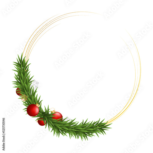Greenery Christmas Garland wreath. Merry Christmas Circle border with golden line nature frame with fir branches isolated on white background. Vector decoration design