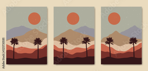 Abstract Contemporary mid century modern Landscape boho poster template. Aesthetic Modern Art Minimal and natural mountains compositions for postcard cover wallpaper wall art home decor