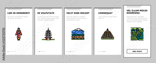 Asia Building And Land Scape onboarding icons set vector