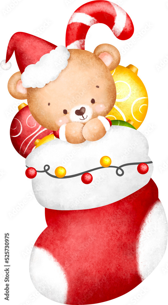 Fototapeta premium Cute teddy bear in Christmas socks with ornements